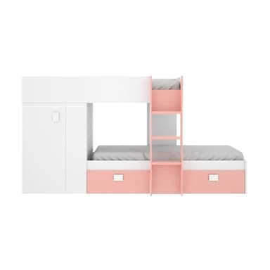 Mobelcenter, Cama Litera Tren Groe Infantil y Juvenil, Cama Tren con Armario y 2 Cajones, Medidas: Ancho: 271 cm x Fondo: 111 cm x Alto: 150 cm (Blanco y Rosa)