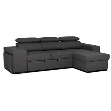 BUDWING John, Sofá Cama Esquinero Negro - 4 plazas - Chaise Longue Reversible, Reposacabezas Ajustable, 2 Pufs - Piel Sintética - Estilo Moderno - 263cm (Ancho) x 161cm (Fondo) x 96cm (Alto)