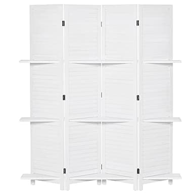 HOMCOM Biombo Separador de Madera de 4 Paneles Divisor de Habitaciones Plegable con 3 Estantes Extraíbles Diseño Persiana para Dormitorio Oficina 160x170 cm Blanco