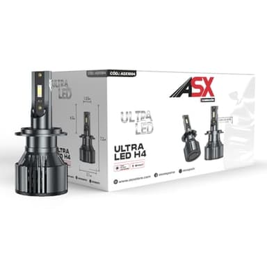 ASX Iluminación Ultra LED Homologadas en España, 23W, 1725 Lúmenes Reales, Lámpara de Faros Delanteros 12-70V. Bombillas LED Luz Blanca 6000K Chip CSP, Conversión Faros Led, IP68, Pack 2 (H4)