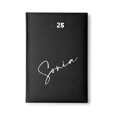PROMO-SHOP - Agenda Negra 2025 Personalizada con tu Nombre, Tapa Dura Acolchada de Polipiel, 12 Meses, Página por día de Lunes a Viernes, Mapa de España, Tamaño A5, Marca-páginas incluido