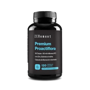 Premium Proactiflora, 30 Cepas | 80 mil millones de UFC + Butirato, Inulina y Zinc, Probióticos y Prebióticos Intestinales, 120 Cápsulas Gastrorresistentes | Suplemento Digestivo | Vegano | Zenement