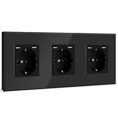 BSEED Triple Enchufe de pared con 2 Puertos USB(Max 2.1A),Negro Schuko Enchufe,toma de corriente con 2 x cargadores USB adecuado para Smartphone MP3 Tablet,para Cocina, Dormitorio