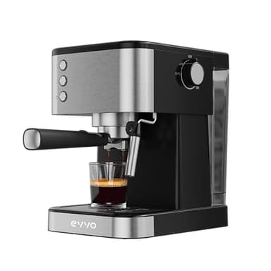 EVVO Cafetera Express Intensa, Presión de 20 bares, Cuerpo de Acero, Espressos y Capuccinos, 1350W, Doble salida, Portafiltros, Depósito de 1,5 l, Calentamiento Rápido (Black and Steel, Sin manómetro)