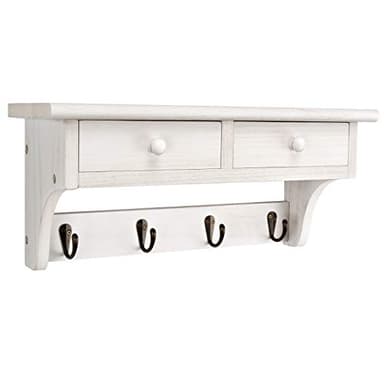 Emfogoo Perchero de pared rústico de madera con estante, 2 cajones y 4 ganchos de metal, perchero vintage para pasillo, entrada, salón, dormitorio (blanco vintage)