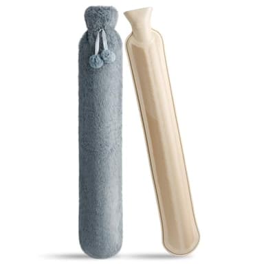 URBZUE Bolsa de Agua Caliente, Botella de Agua Caliente Larga 2L, Natural Goma Botellas con Funda Suave Felpa, para Cuello y Hombros, Espalda, Piernas y Cintura, Compresa Tibia y Fría