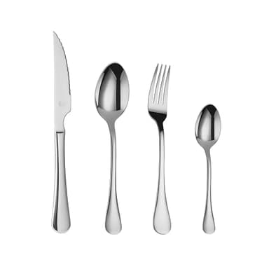Mr.Spoon Serie Liso Juego de 24 piezas cubiertos para 6 personas,acero inoxidable, con cuchillo,tenedor, cuchara,18/0, apto para lavavajillas,Para Casa, Hotel,Restaurante (CON CUCHILLO CARNE)