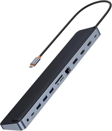 Baseus Docking Station USB C 4K@60Hz Dual HDMI + DP, Hub 12 en 1 Adaptador USB C con 2HDMI, DP, 100W PD, 3* USB3.0, USB C, Gigabit Ethernet, SD/TF, 3,5mm para MacBook/DELL/HP/Surface/Steam Deck