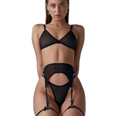HSAJS Conjunto de Lencería Sexy para Mujer Ropa Interior Mujer Coqueta Lencería Sexy Babydoll TransparenteSujetadores Tanga y Liguero Body Ropa de Dormir 3 Piezas