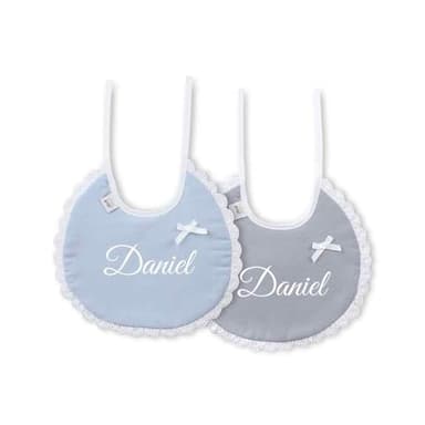 Danielstore Baberos Personalizados Para Bebé Recién Nacido con el Nombre Bordado (Pique algodon redondo azul gris)
