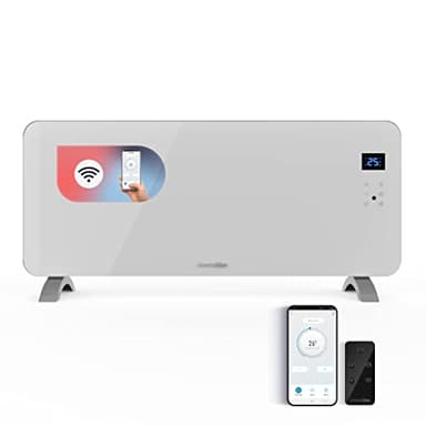 UNIVERSALBLUE Panel Calefactor con WIFI | Calefactor de Cristal Templado Bajo Consumo | Termostato Ajustable | Mando a Distancia | 2000W | Color Blanco | 2 Potencias | Control táctil | Pantalla led
