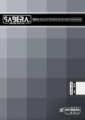 Cuaderno A4 Cuadriculado 5x5 Sin Anillas: 100 Hojas Foliadas Marca SABERA. Tapa Blanda: Libreta Grapada con 5 Técnicas de Estudio Para Estudiantes - Organizado con un Índice