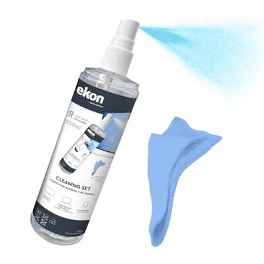 Ekon Spray para Pantallas con paño de Microfibra, 250 ml, Kit de Limpieza para Monitor, portátil, cámaras, videocámaras, MacBook, TV, Smart TV, Smartphone, Tablet