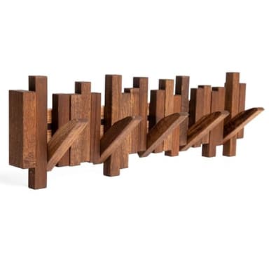 NAUTEDI Perchero Pared Madera, Colgador de Pared Decorativo, Madera Natural 100%, Diseño Innovador con 5 Ganchos Retráctiles, cuelga Ropa, Bolsas, Mochilas, Paraguas (Madera - Oscuro)
