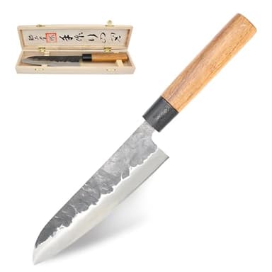 JAP F' Kraft ltd Cuchillo de Cocina 18 cm - Cuchillo Japonés hoja de acero martillado 2,5 mm - Dureza 58 HRC - Cuchillo Profesional multiusos - Mango de palisandro - Caja de regalo de madera