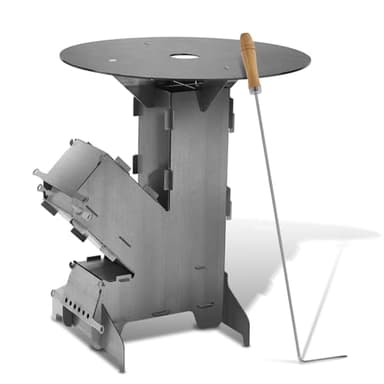 Jiubiaz Horno de cohetes con placa de parrilla Rocket Stove con gancho para fuego y 2 patas adicionales, estufa de camping de acero macizo de 3 mm de grosor, estufa de camping, estufa de leña, cohetes