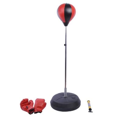 HOMCOM Saco de Boxeo de Pie con Altura Ajustable de 4 Niveles en 125-145 cm Punching Ball con Base Rellenable de Agua o Arena y Guantes para Adolescentes Rojo y Negro