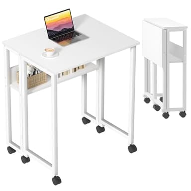 GreenForest Pequeño Escritorio Plegable con Estante de Almacenamiento y Ruedas,Mesa para el Ordenador, fácil de Montaje y Ahorro de Espacio para Officina,Blanco