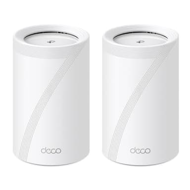 TP-Link Deco BE65(2-Pack) Wi-Fi 7 Mesh WLAN Set (Paquete de 3), Tribanda 5760 Mbit/s (6 GHz) + 2880 Mbit/s (5 GHz) + 574 Mbit/s (2,4 GHz), 6 transmisiones, 4 Puertos 2,5G, 1 USB 3.0