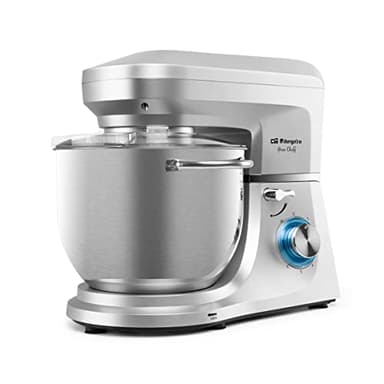 Orbegozo AM 8000, Batidora amasadora, accesorios para mezclar, amasar y batir, 1800 W, bol acero inoxidable de 7 L, motor AC, 6 velocidades + PULSE