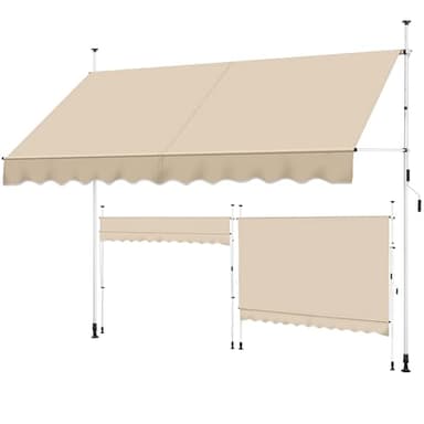 Yaheetech Toldo Manual Retráctil Exterior Toldo Enrollable Exterior Altura Ajustable con Manivela Sin Taladro Resistente a UV Repelente al Agua para Balcón Terraza Patio Jardín 300x300-210cm Beige