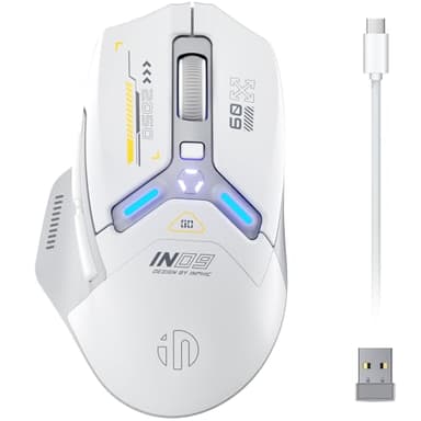INPHIC Raton inalambrico Gaming, Verdadero Tri-Mode 2,4G Wireless/con Cable Type-C/Bluetooth, 10k dpi, Totalmente programable, iluminación RGB, ratón inalámbrico Recargable para PC portátil, Gris