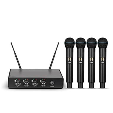 Depusheng R5 Micrófono inalámbrico, Sistema de micrófono de Mano Profesional UHF de Cuatro micrófonos dinámicos para Karaoke en el hogar, reuniones, Fiestas, Iglesias, DJ, Bodas, KTV en el hogar