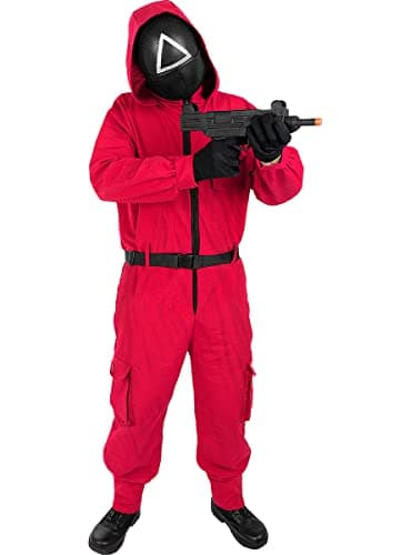 Funidelia | Disfraz el Juego del Calamar con máscara triángulo para Hombre y Mujer Squid Game - Disfraz para Adultos y Divertidos Accesorios para Fiestas, Carnaval y Halloween - Talla M-L - Rojo