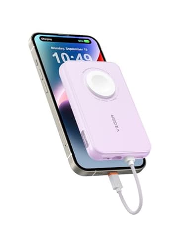 VEGER Mini Power Bank 20 W PD, 10.000 mAh Powerbank con cable Apple integrado, con carga Apple Watch, 2 x USB-C, batería externa para teléfono móvil, pantalla LED compatible con iPhone, Apple Watch