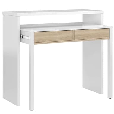 Habitdesign Mesa Escritorio Extensible, Mesa Estudio, Consola, Color Blanco Artik y Roble Canadian, Medidas: 98,5 cm (Largo) x 36-70 cm (Fondo) x 87,5 cm (Alto)