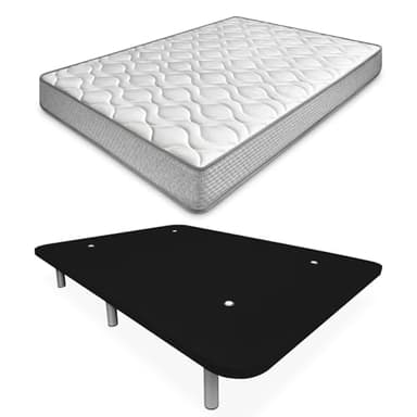 amuéblate online - Cama Completa con Colchón Carla Reversible + Base Tapizada Extra Reforzada con 6 Patas Cilíndricas Metálicas Roscadas, 135 x 190, Negro