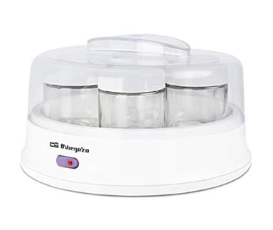 Orbegozo YU 2350 - Yogurtera con 7 tarros de 200 ml de capacidad, 15 W, tapa transparente, interruptor encendido/apagado,apto lavavajillas, blanco