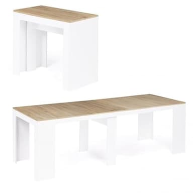 IDMarket Mesa Consola extensible Orlando para 10 personas, madera, color blanco y haya