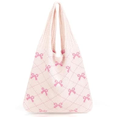 Lilbitty 1 Pieza Bolso de Ganchillo Beige con Lazos Rosados，Gran Bolso Estético de Playa para Mujer，Bolso de Mano Ligero de Punto，Ideal para el Día a Día，Compras y Vacaciones