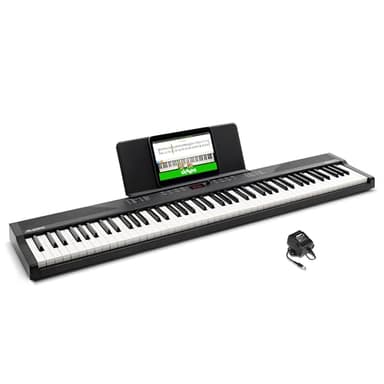 Alesis Teclado piano con 88 teclas y 480 sonidos, altavoces, MIDI USB, atril, adaptador de corriente y lecciones de piano para principiantes