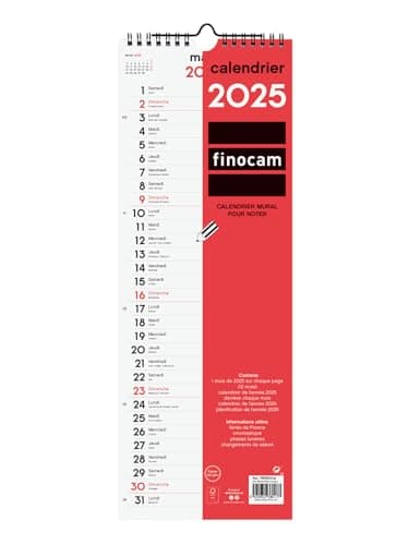 Finocam - Calendario neutro de pared para escribir 2025 1 mes por página Enero 2025 - Diciembre 2025 (12 meses) Francés, LARGO - 155x430 mm, 789050025