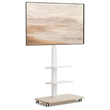 FITUEYES Soporte TV de Pie con Ruedas Blanco para Pantallas de 32 a 70 Pulgadas,Giro de 60°,MAX VESA 600 * 400mm,Ajuste de Altura,Gestión de Cables, Soporte TV Ruedas con 2 Estantes y Base Madera