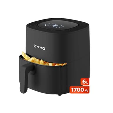 EVVO Freidora de aire sin aceite de 6L, 1700W, Recipiente Antiadherente, Tecnología Dual Cyclone, Multifunción, Hornea, Deshidrata, Descongela, hasta 200º, Apagado Automático (Color Negro)