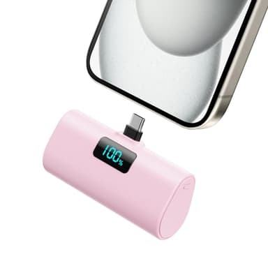 Batería Externa para iPhone Serie 15/16, 5200mAh USB C Power Bank Carga Rápida, Ultra-Ligera Batería Portátil con Pantalla LCD Mini Cargador Portátil para iPhone 16/15/15 Pro MAX Samsung etc.(Rosado)
