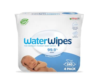 WaterWipes Toallitas húmedas Originales para Bebés, Sin Plástico, 240 unidades (Paquete de 4), 99,9% Base de Agua, y Sin Perfume para Pieles Sensibles