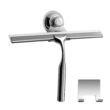 Zindoo Rasqueta Limpiacristales para Ducha Limpia Cristales Acero Inoxidable 24.5CM con Ventosa de Pared y Soporte Pegamento Diseño Ergonómico para Limpiar Mampara de Ducha, Ventana (Plata)