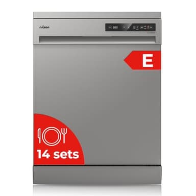Nilson Lavavajillas 60cm Inox NJ13600EX. 1890W, 14 Cubiertos, 2 Bandejas, 6 Programas, Display LED táctil, Función Stop&Go, Eficiencia Energética Clase E