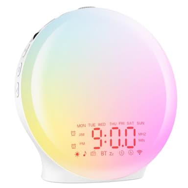 Despertador Luz Bluetooth,Reloj Despertador de Amanecer,Wake Up Light Simulación de Amanecer/Atardecer,17 Luces de Colores,2 Alarmas, 20 Niveles Brillo,22 Sonidos,Snooze Radio FM,Despertador Infantil