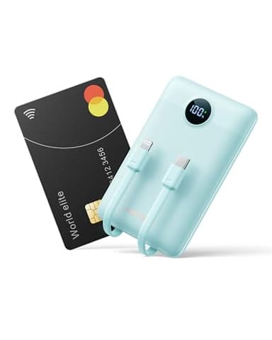 WeeFancy Mini Cargador Portátil para iPhone 10000mAh Slim PD 22.5 W de Carga Rápida con Cables Integrados, Viaje Esencial USB C Batería Pequeña Compatible con iPhone y Android (Azul)