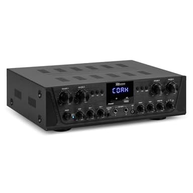 Power Dynamics PV240BT Amplificador de Audio multisala de 4 Canales 4X 100W. Bluetooth, Radio FM, Reproductor de MP3 USB, entradas de micrófono. Uso doméstico, Oficina, Sistema de megafonía