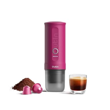 OutIn Nano Cafetera Espresso Eléctrica Portátil, Cafetera de Viaje para Camping, Cafetera de Coche Autocalentable con USB-C, Con Café Molido y Cápsula NS para RV, Senderismo, Oficina