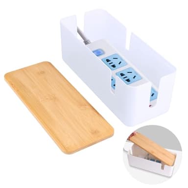 VFANDV Caja de Almacenamiento para Cables con Tapa de Bambú, Caja Organizadora para Ocultar Cables Organiza el Cableado del Ordenador y los Cables Sueltos (Blanco)