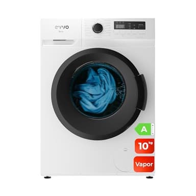 EVVO Lavadora 10kg, Vapor, Clase A, Motor Inverter, Lavado Rápido 15', Estrecha 54cm Profundidad, Bajo consumo, 1400 rpm, 15 programas, Inicio Diferido, Carga frontal, Blanco, Terra (10Kg)