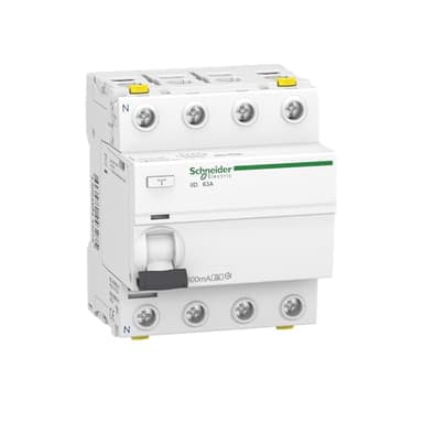 Schneider Electric A9Z24463 Disyuntor de Corriente Residual iID, 4P, 63A, 300mA, Tipo A, Blanco, 63 Ampere