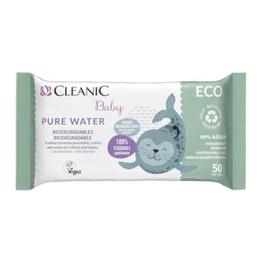 Cleanic Toallitas Húmedas Baby Eco Pure Water para Niños y Bebés - Composición 99% a Base de Agua - Alantoína - Sin Perfume - Desechables - para Pieles Sensibles - 50 piezas